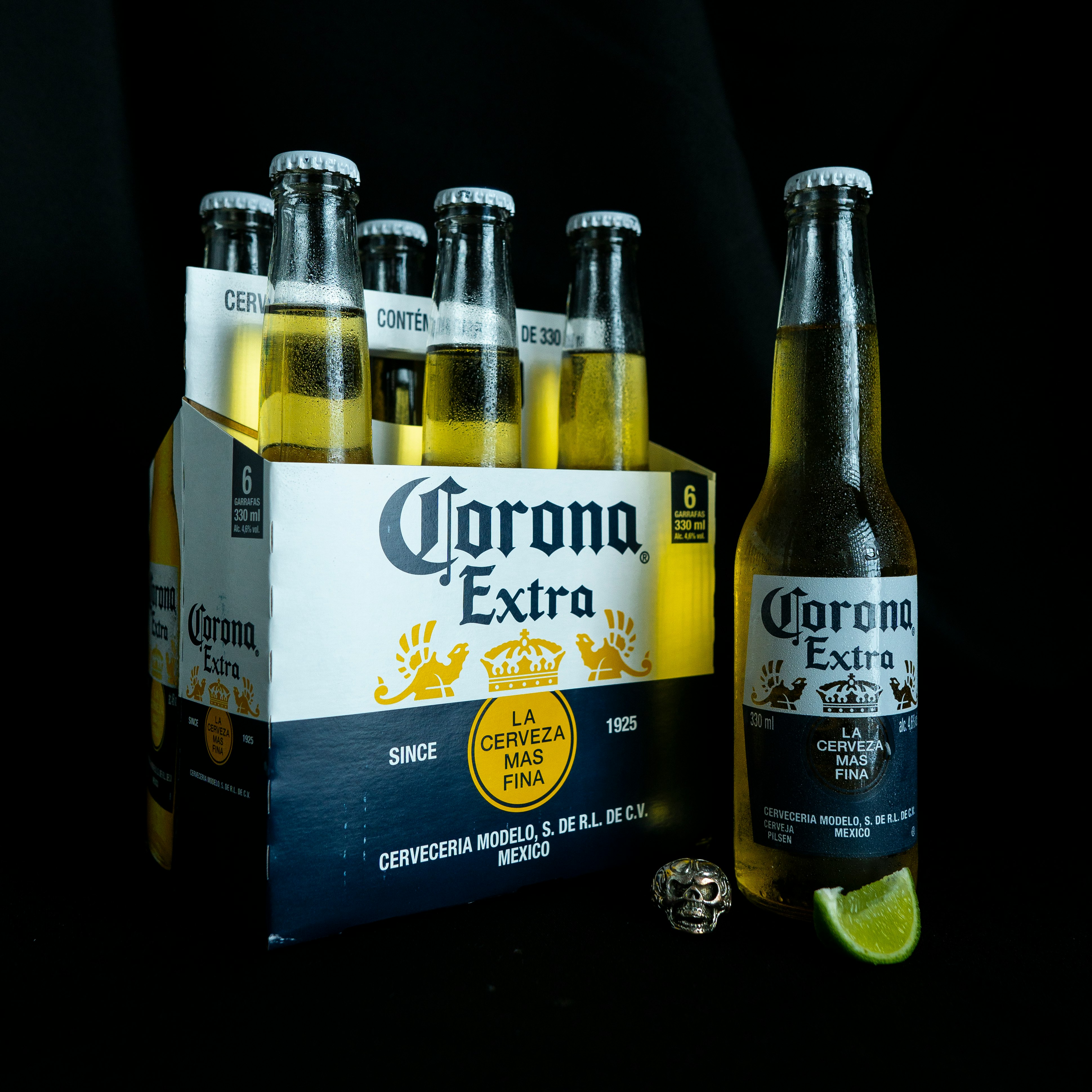 two corona extra beer bottles